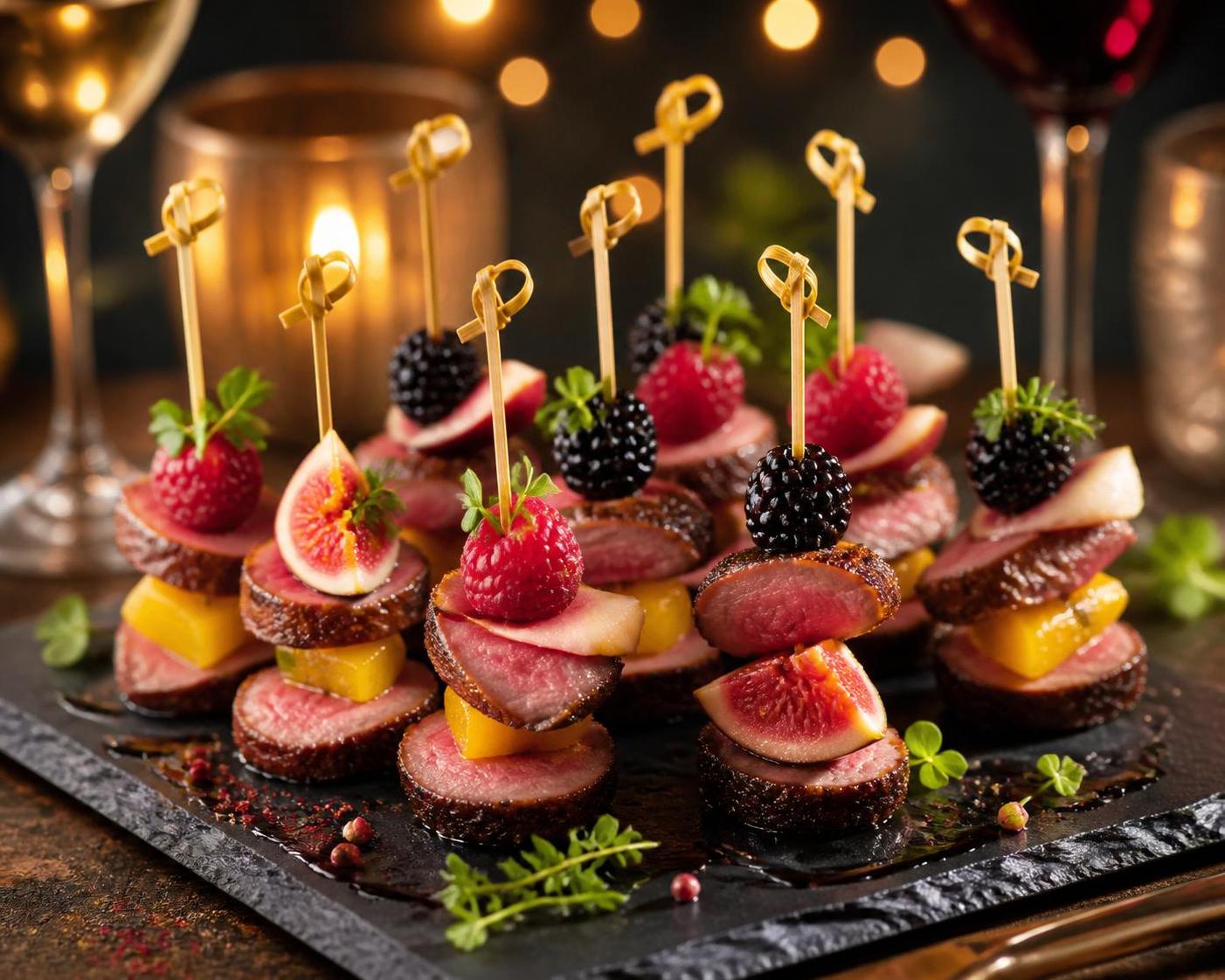découvrez la mini brochette apéro au magret de canard, l'idée chic et gourmande pour impressionner vos invités lors de vos soirées entre amis.