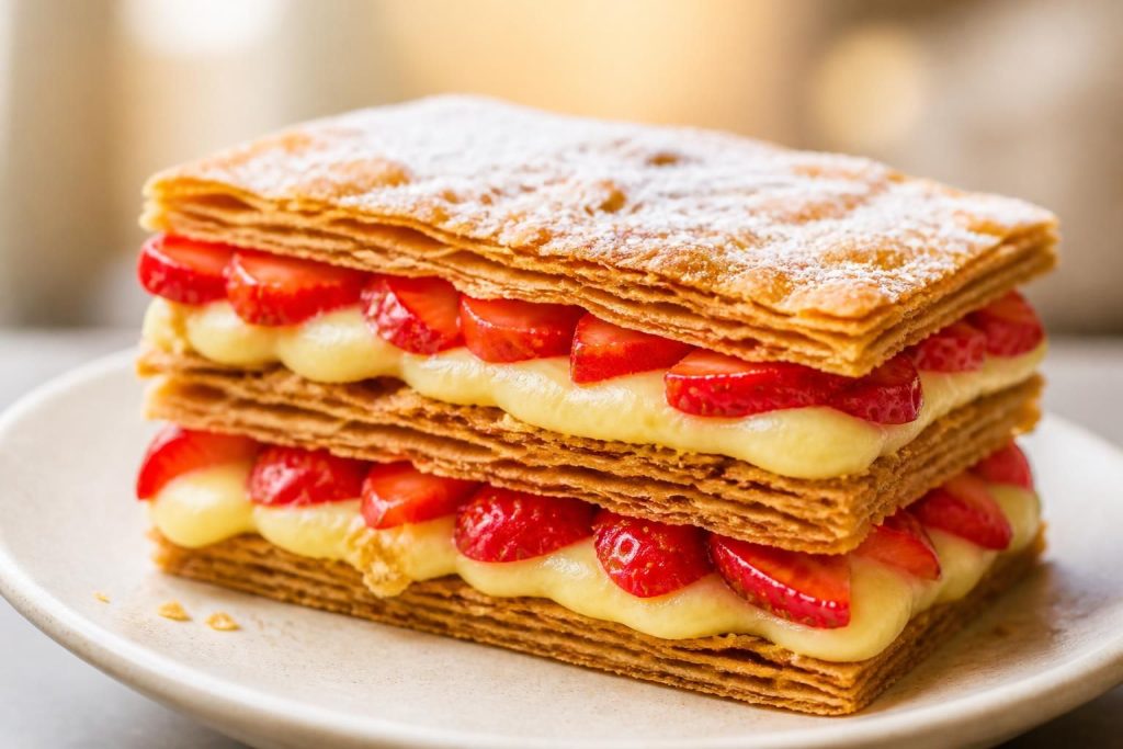 découvrez notre recette gourmande de millefeuille à la fraise, un dessert raffiné qui met en valeur la fraîcheur et la douceur du fruit rouge.