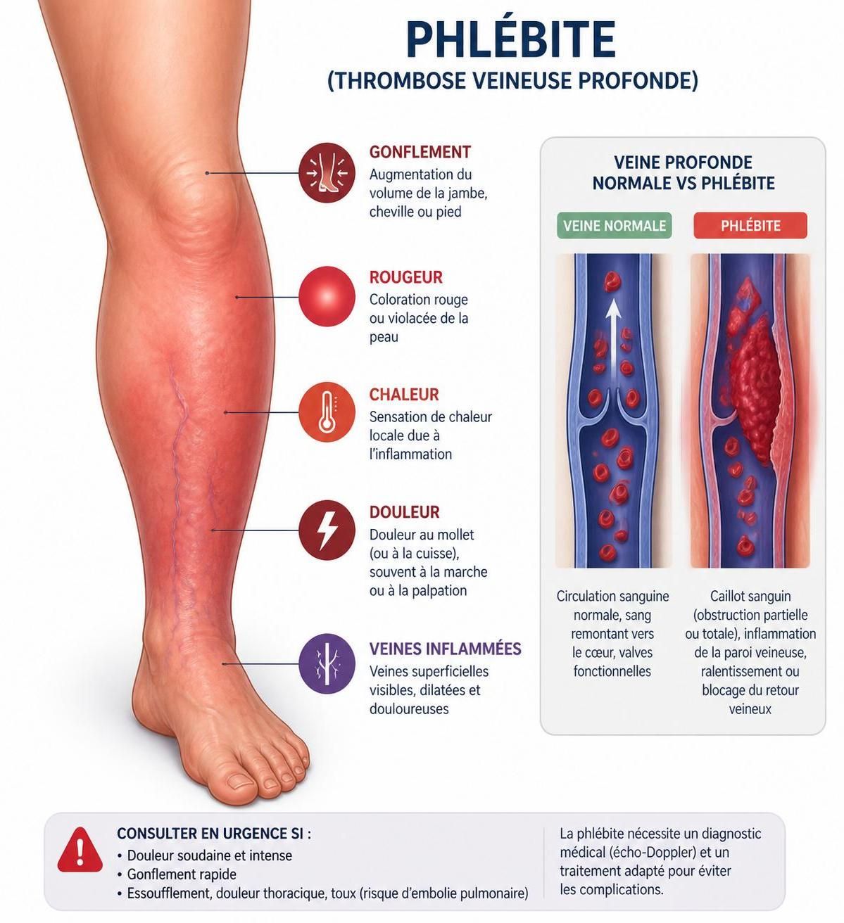 découvrez les symptômes clés de la phlébite à ne pas ignorer pour agir rapidement et prévenir les complications graves.