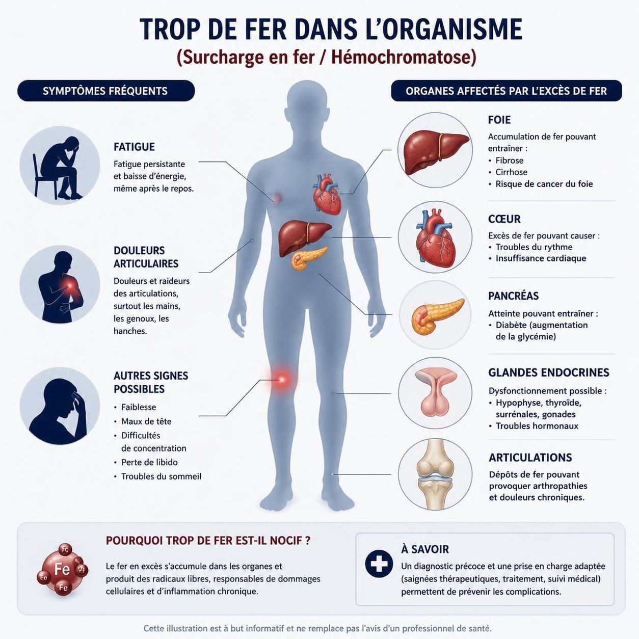 découvrez les symptômes du trop plein de fer dans le corps et apprenez quand consulter un professionnel de santé pour éviter les complications.